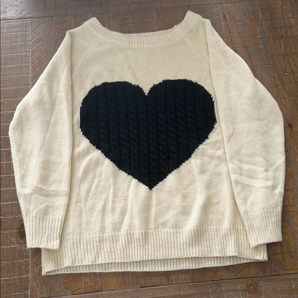 Women's Cream Sweater with Black Heart Design